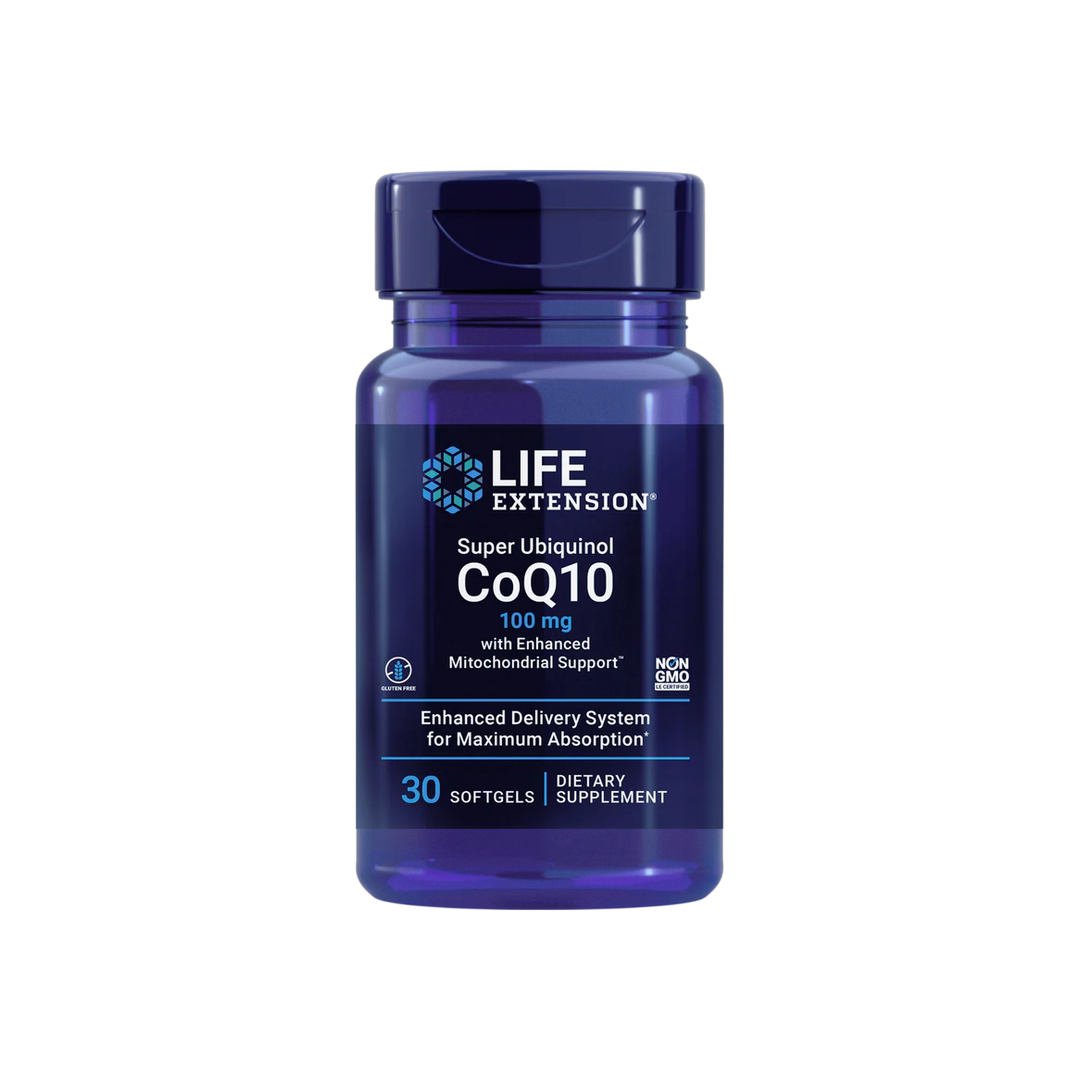 Life Extension, Super Ubiquinol CoQ10 with Enhanced Mitochondrial Support, 100 mg, 30 Softgels front packaging view
