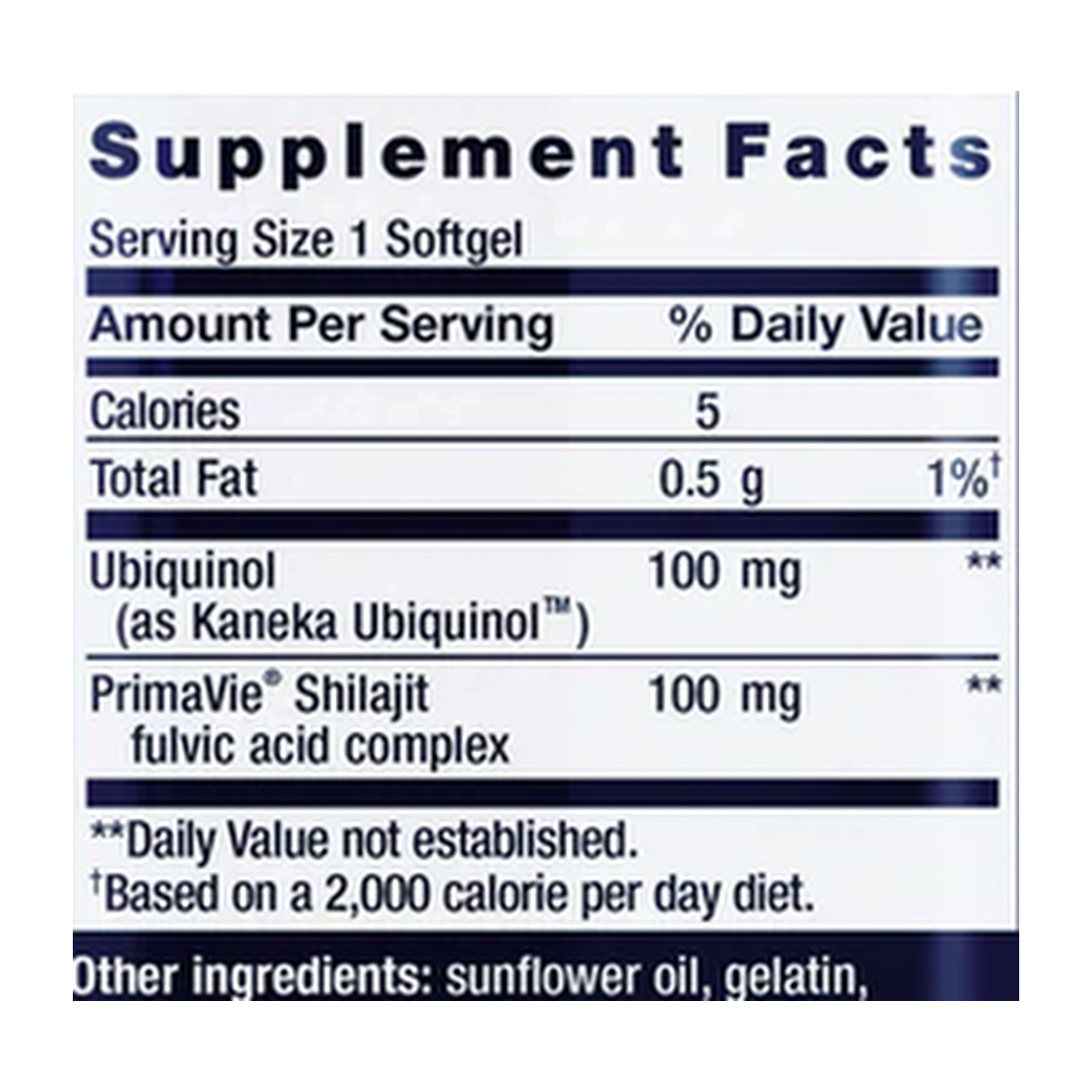 Life Extension, Super Ubiquinol CoQ10 with Enhanced Mitochondrial Support, 100 mg, 30 Softgels supplement facts label showing ingredients, vitamins, minerals, and serving information