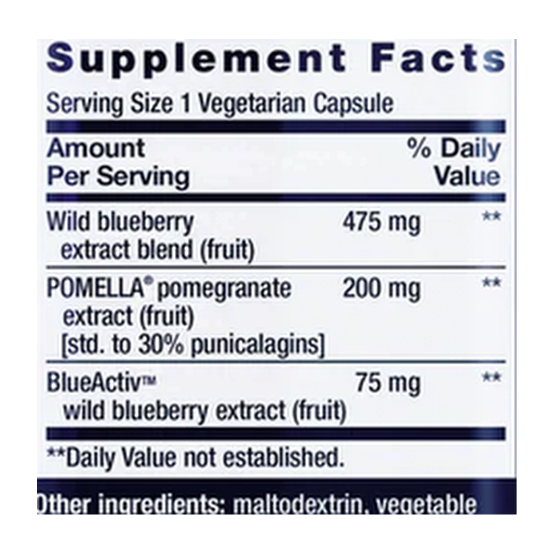 Life Extension, Blueberry Extract and Pomegranate supplement facts label showing ingredients, vitamins, minerals, and serving information