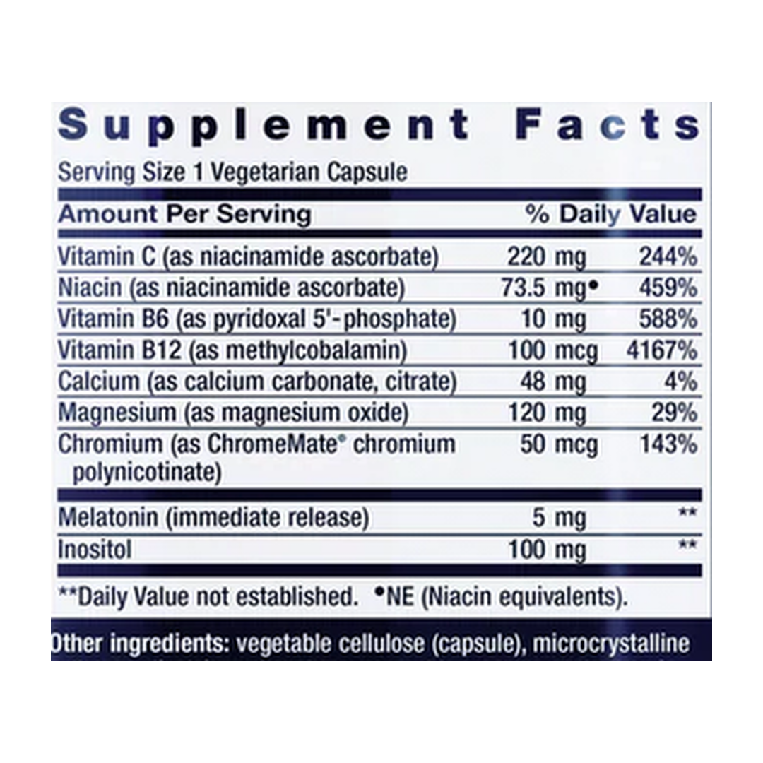 Life Extension, Quiet Sleep Melatonin - 5 mg supplement facts label showing ingredients, vitamins, minerals, and serving information