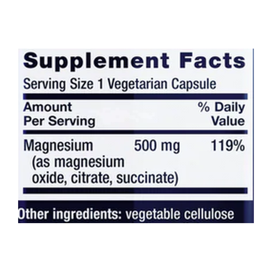 Life Extension, Magnesium Caps - 500 Mg 100 Veg Caps supplement facts label showing ingredients, vitamins, minerals, and serving information