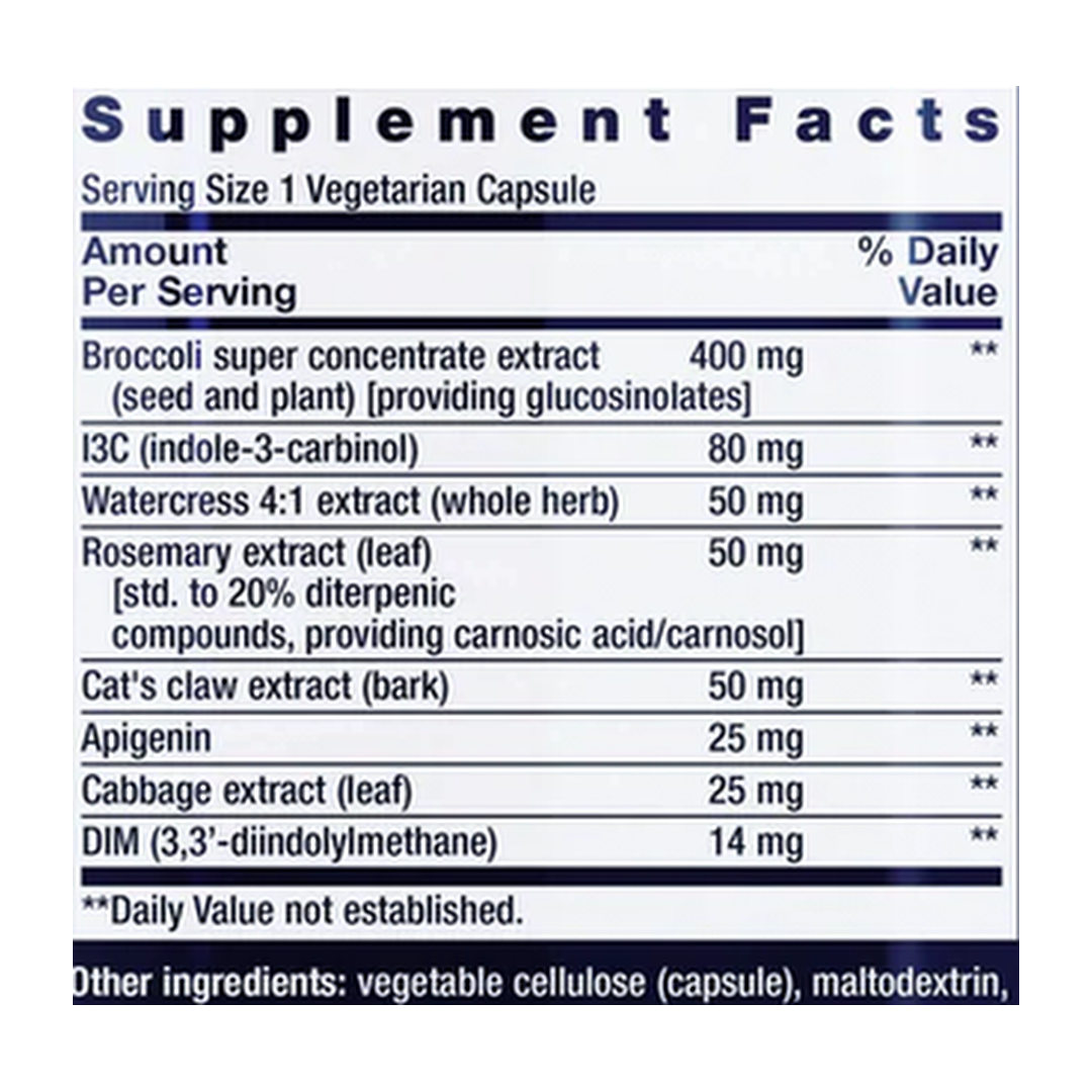 Life Extension, Triple Action Cruciferous Vegetable Extract supplement facts label showing ingredients, vitamins, minerals, and serving information