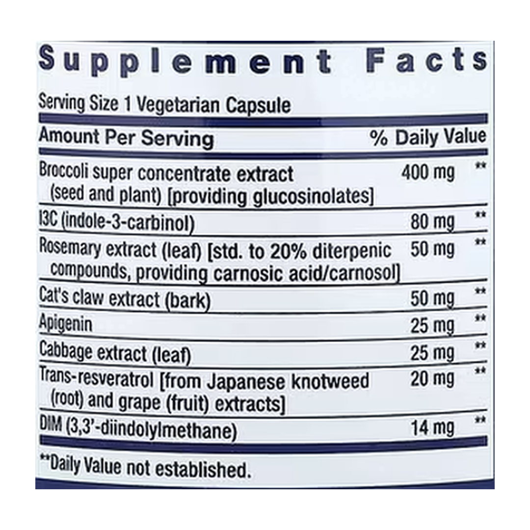 Life Extension, Triple Action Cruciferous Vegetable Extract and Resveratrol supplement facts label showing ingredients, vitamins, minerals, and serving information