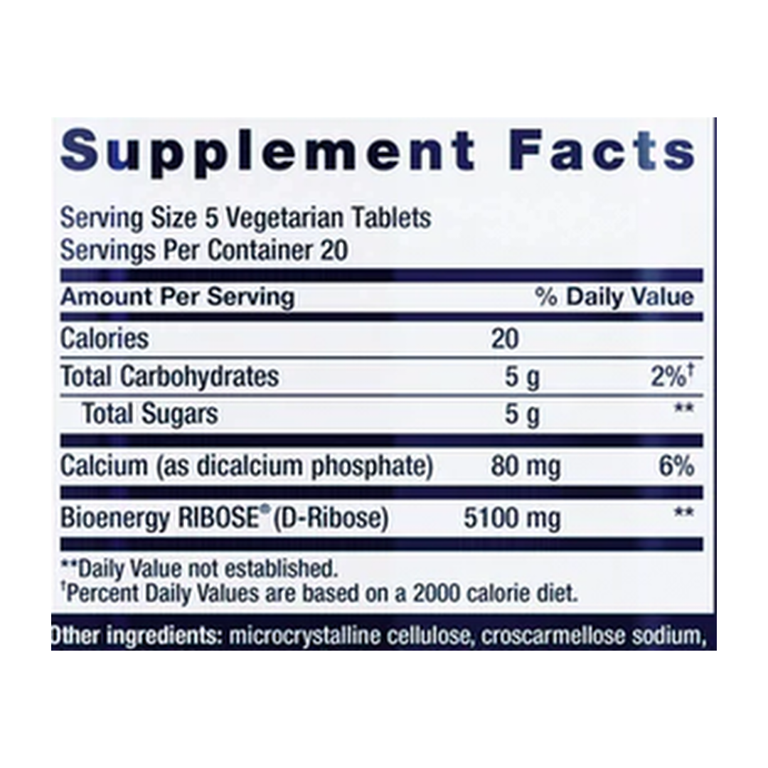 Life Extension, D-Ribose Tablets supplement facts label showing ingredients, vitamins, minerals, and serving information