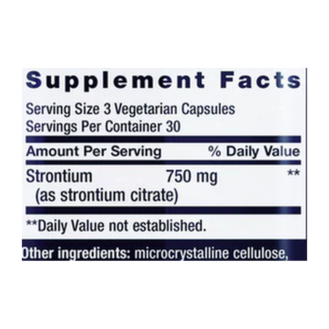 Life Extension, Strontium Caps supplement facts label showing ingredients, vitamins, minerals, and serving information
