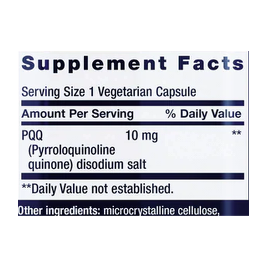 Life Extension, PQQ Caps (10 mg) supplement facts label showing ingredients, vitamins, minerals, and serving information