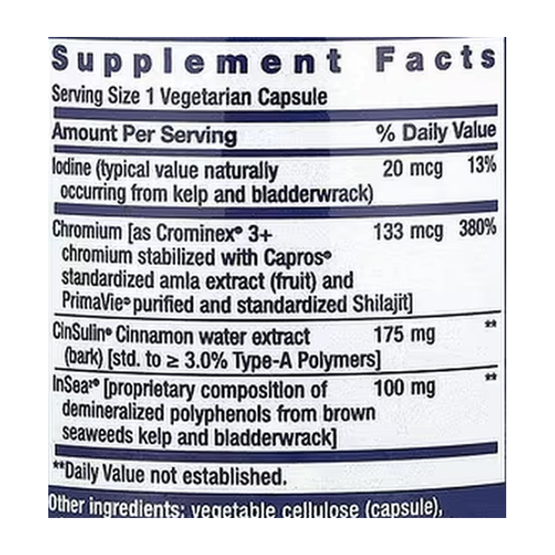 Life Extension, CinSulin® with InSea2® and Crominex® 3+ supplement facts label showing ingredients, vitamins, minerals, and serving information