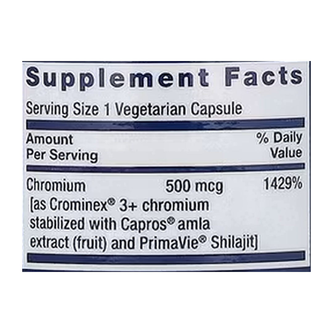 Life Extension, Optimized Chromium with Crominex® 3+ supplement facts label showing ingredients, vitamins, minerals, and serving information