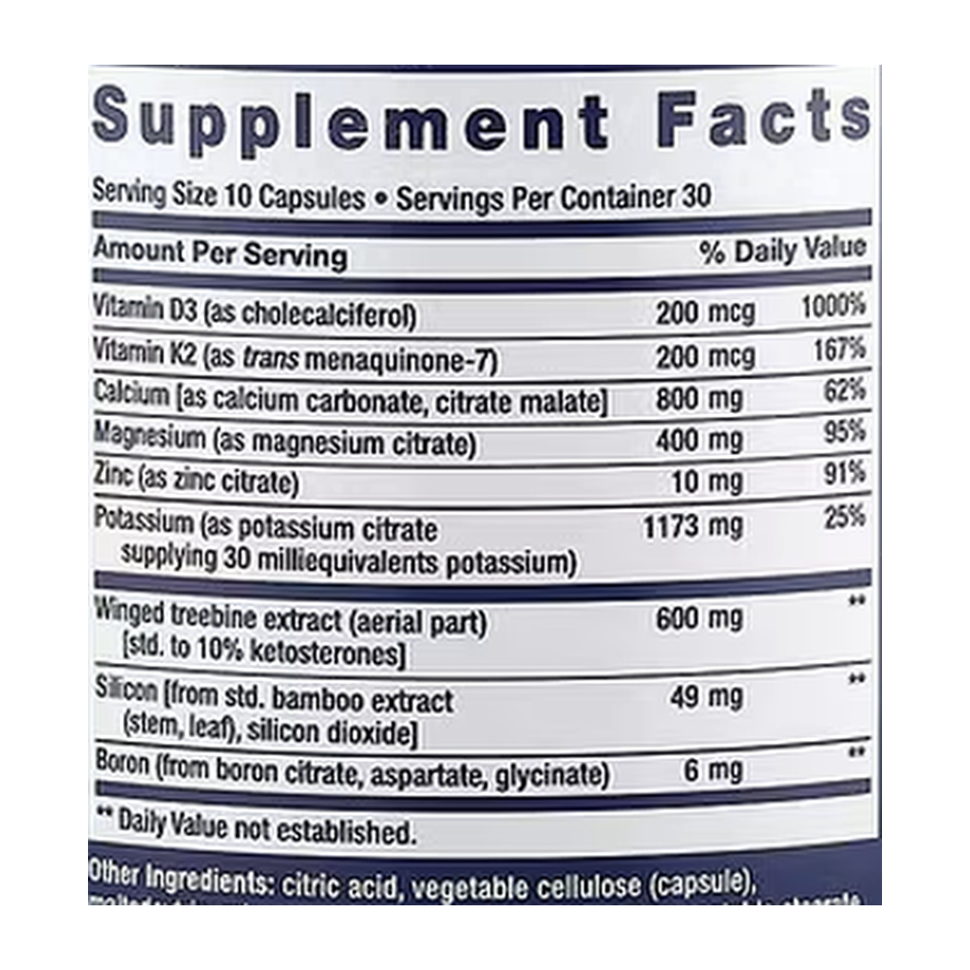 Life Extension, Dr. Strum's Intensive Bone Formula, 300 Capsules supplement facts label showing ingredients, vitamins, minerals, and serving information