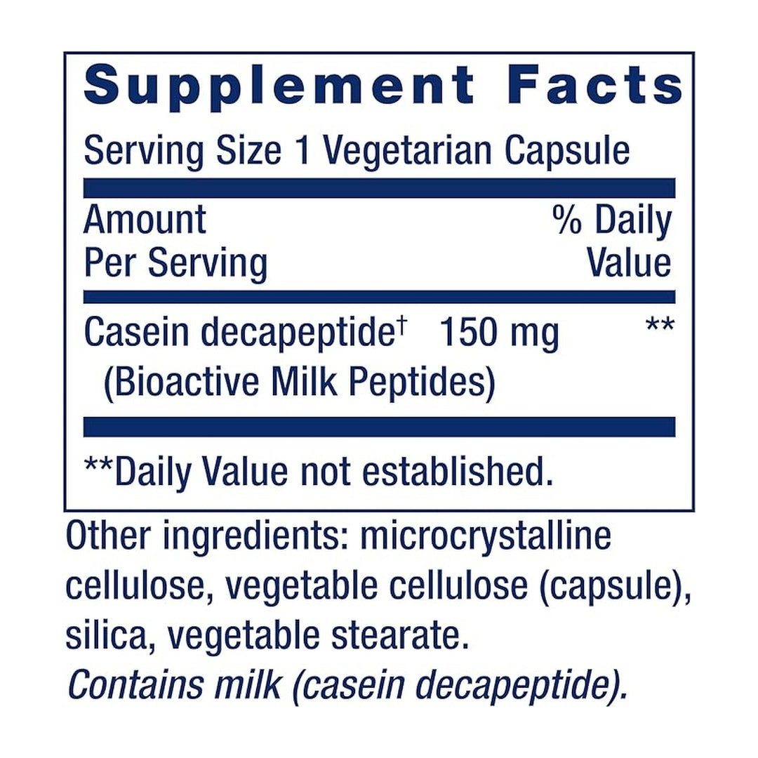 Life Extension, Bioactive Milk Peptides supplement facts label showing ingredients, vitamins, minerals, and serving information