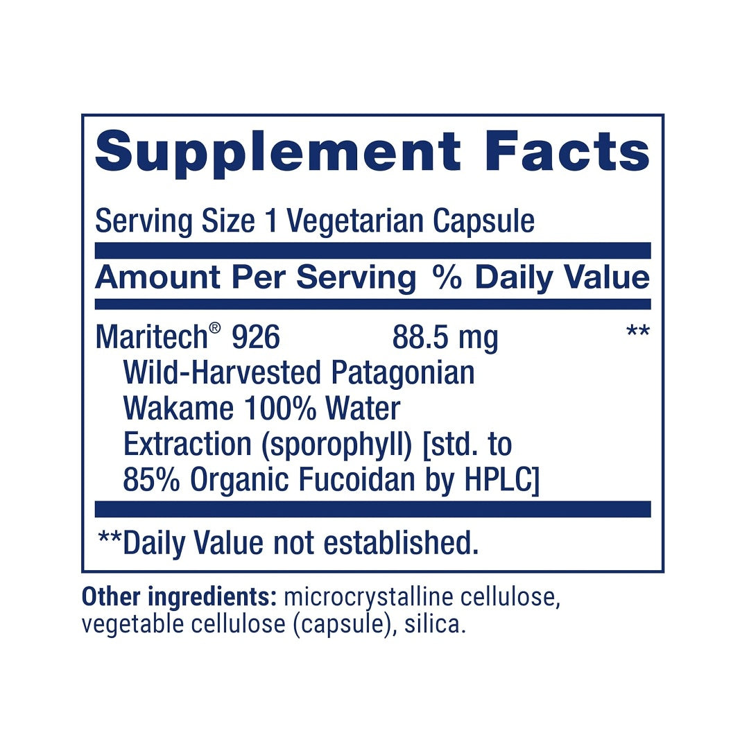 Life Extension, Optimized Fucoidan with Maritech® 926 supplement facts label showing ingredients, vitamins, minerals, and serving information