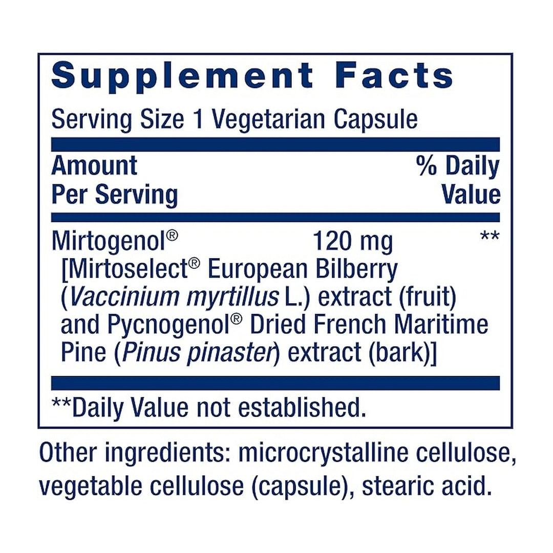 Life Extension, Eye Pressure Support with Mirtogenol® supplement facts label showing ingredients, vitamins, minerals, and serving information