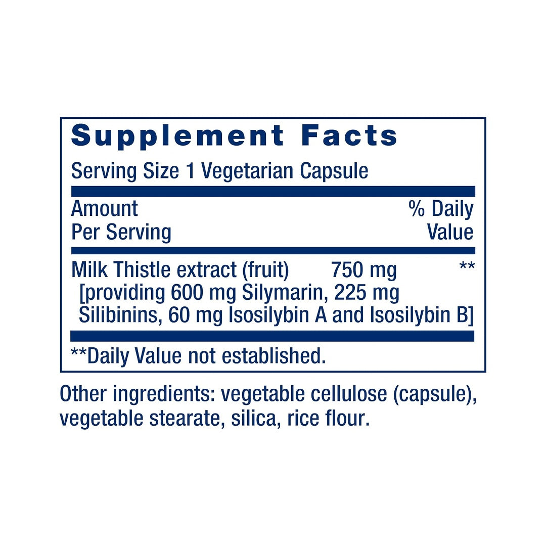 Life Extension, Milk Thistle supplement facts label showing ingredients, vitamins, minerals, and serving information