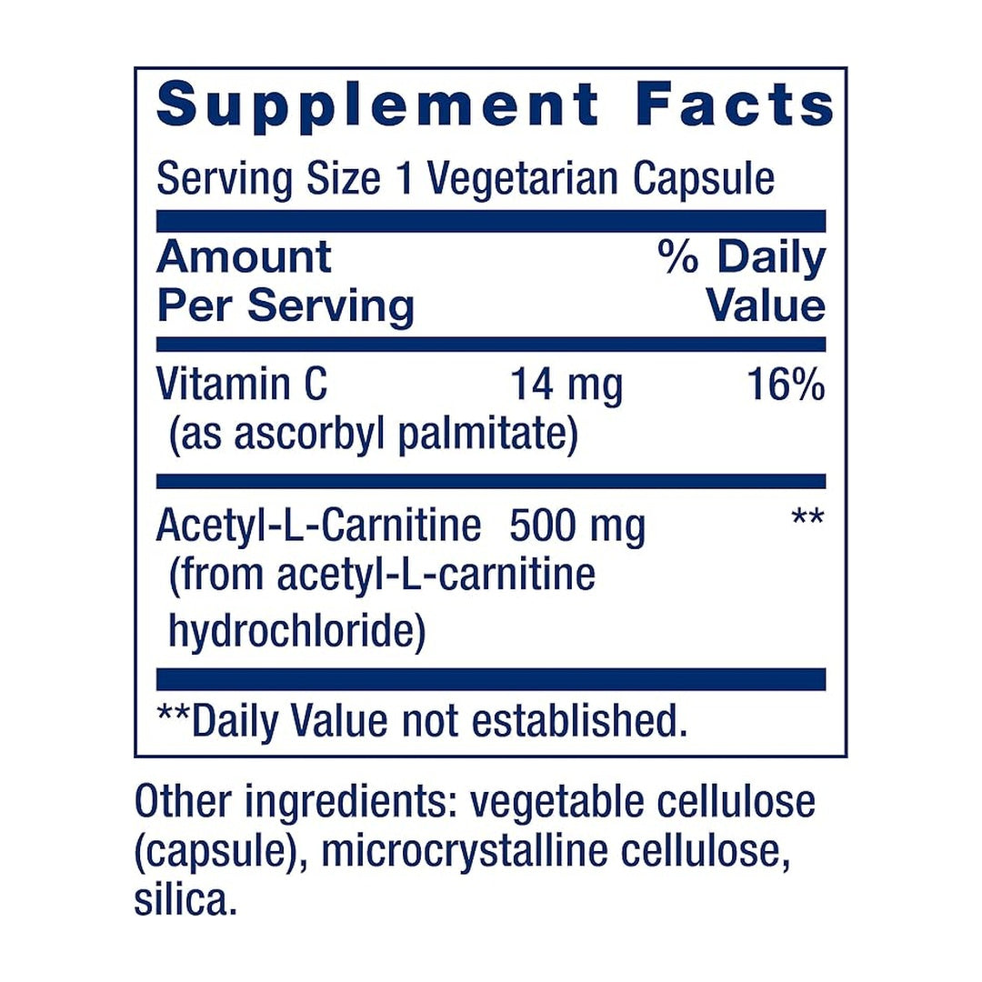 Life Extension, Acetyl-L-Carnitine, (500 mg), 100 Veg Capsules supplement facts label showing ingredients, vitamins, minerals, and serving information