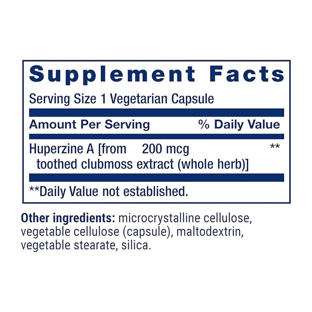 Life Extension, Huperzine A supplement facts label showing ingredients, vitamins, minerals, and serving information