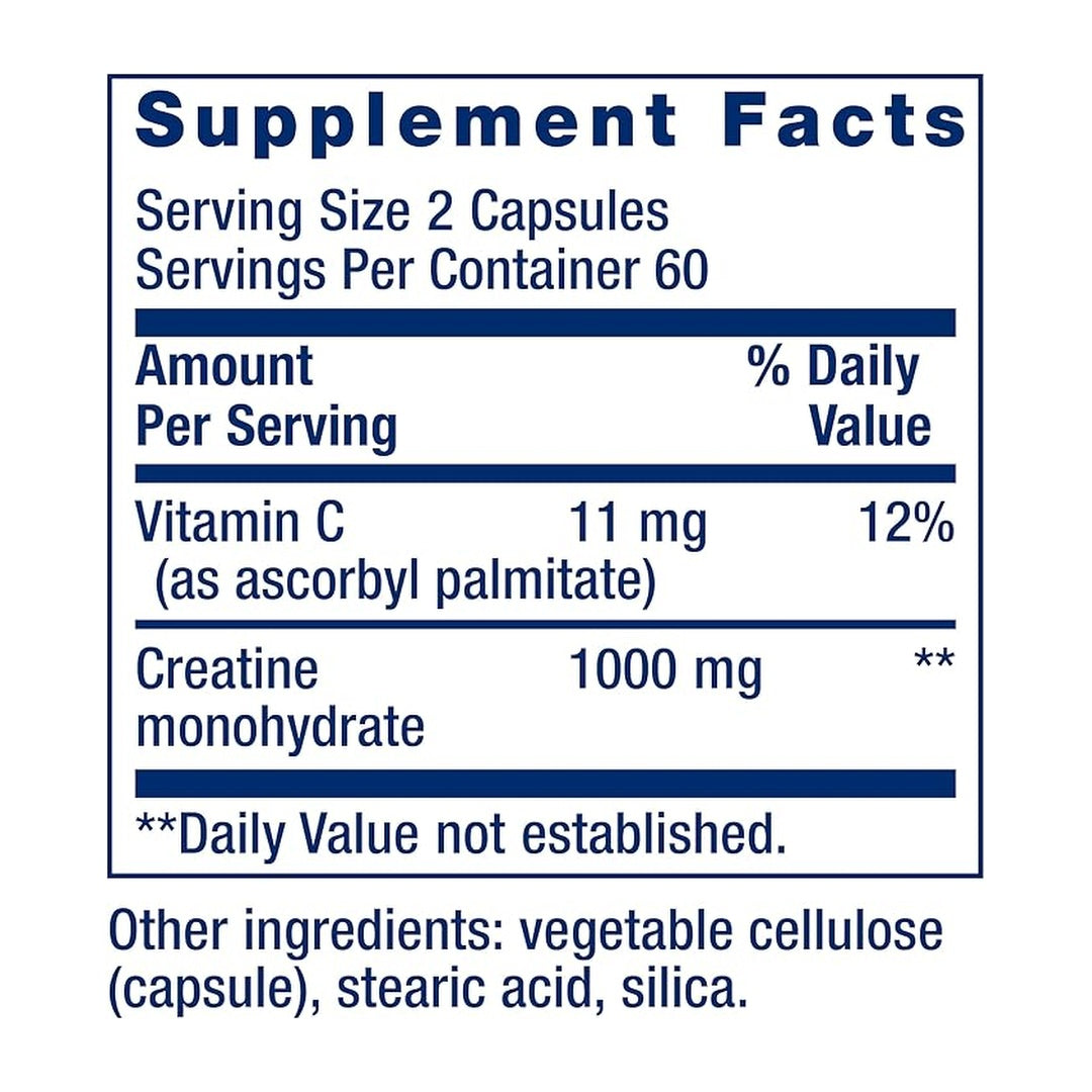 Life Extension, Creatine Capsules supplement facts label showing ingredients, vitamins, minerals, and serving information