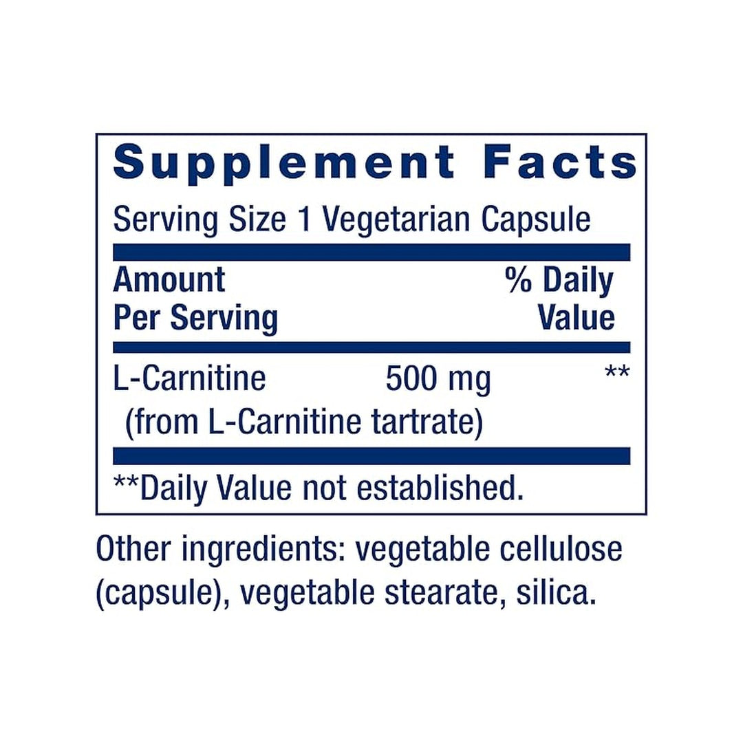 Life Extension, L-Carnitine supplement facts label showing ingredients, vitamins, minerals, and serving information
