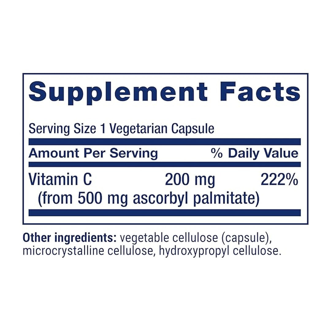 Life Extension, Ascorbyl Palmitate supplement facts label showing ingredients, vitamins, minerals, and serving information