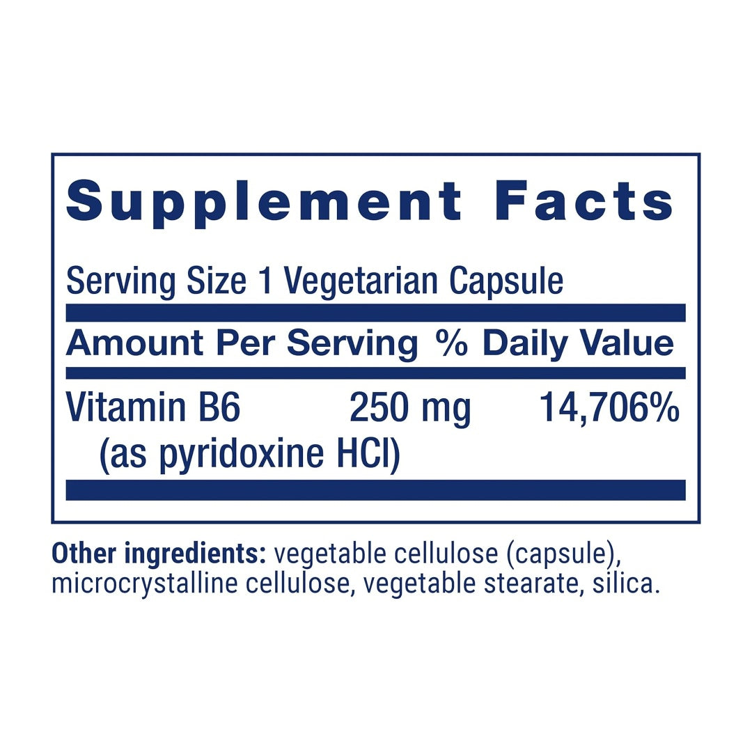 Life Extension, Vitamin B6 supplement facts label showing ingredients, vitamins, minerals, and serving information