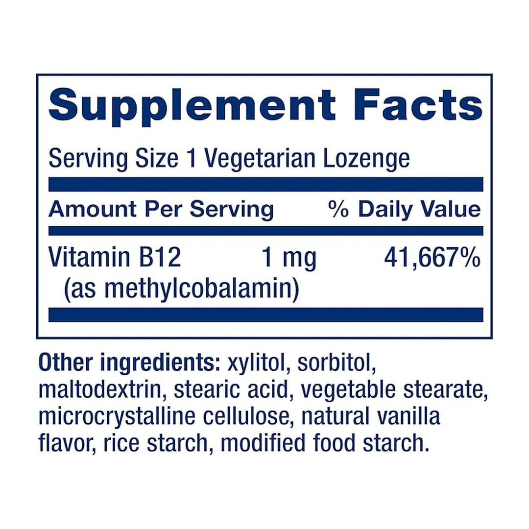 Life Extension, Vitamin B12 Methylcobalamin (1 mg) supplement facts label showing ingredients, vitamins, minerals, and serving information