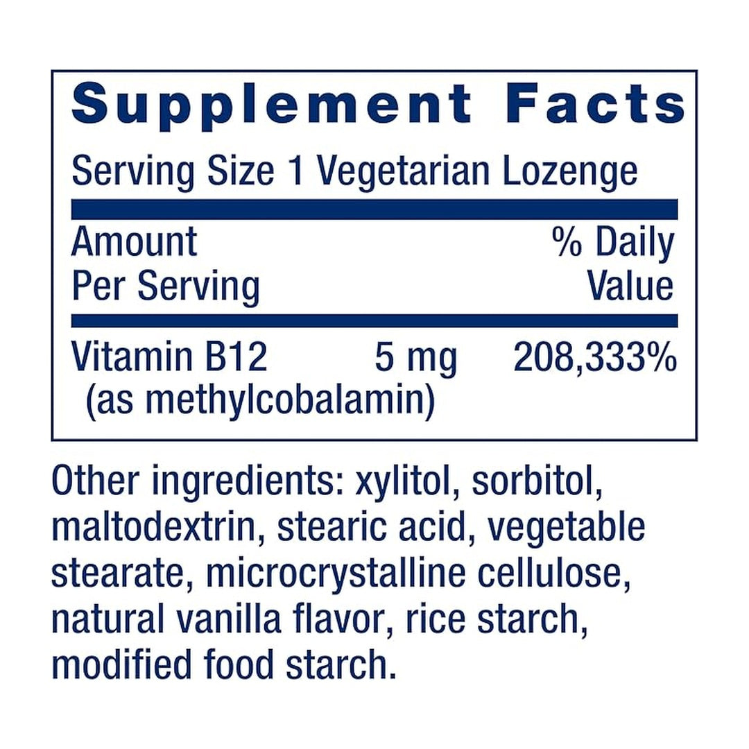Life Extension, Vitamin B12 Methylcobalamin (5 mg) supplement facts label showing ingredients, vitamins, minerals, and serving information
