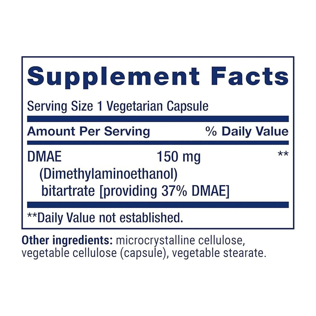 Life Extension, DMAE Bitartrate supplement facts label showing ingredients, vitamins, minerals, and serving information