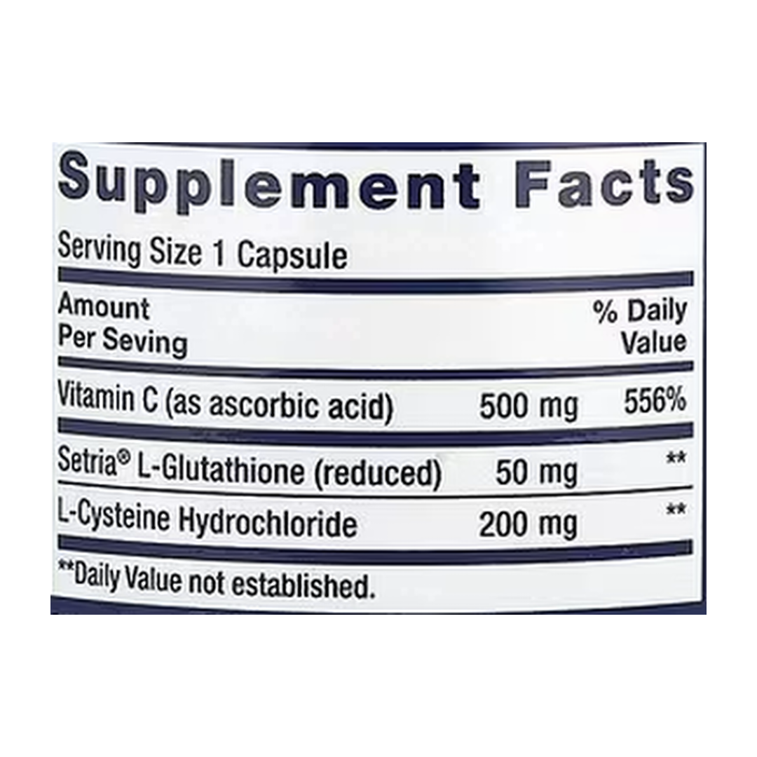 Life Extension, Glutathione, Cysteine & C, 100 Capsules supplement facts label showing ingredients, vitamins, minerals, and serving information