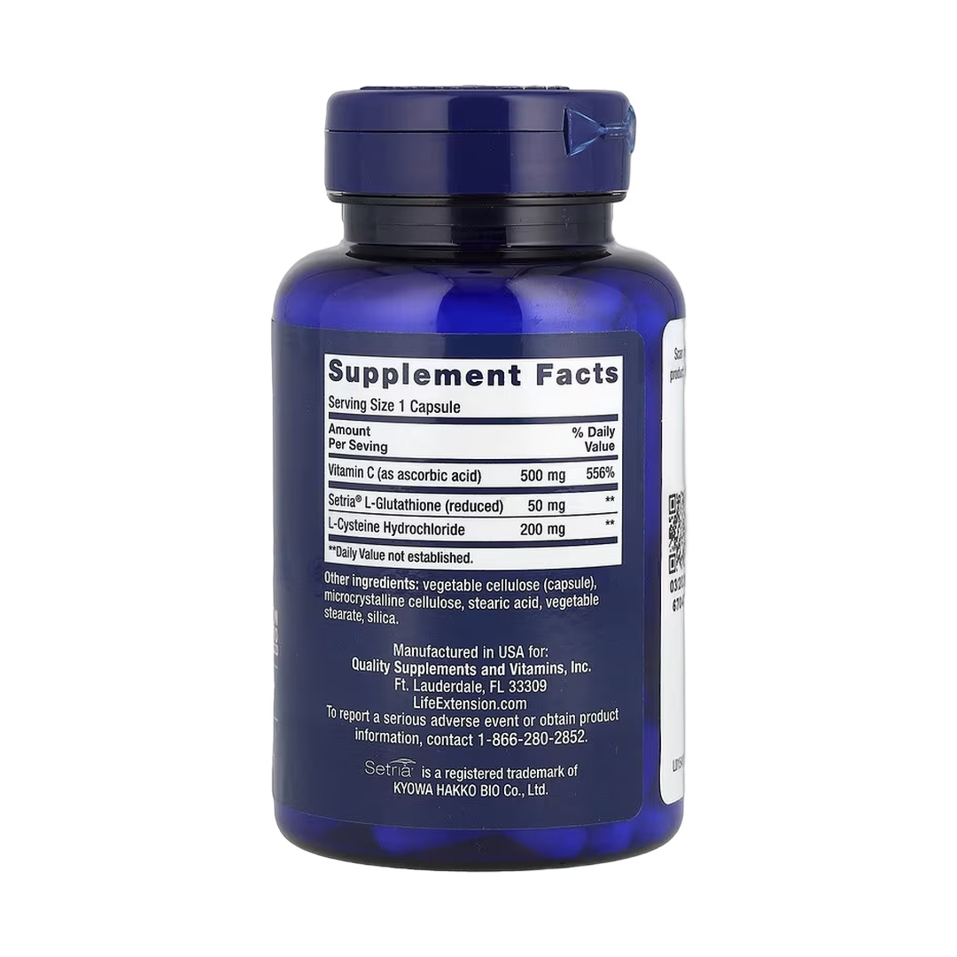 Life Extension, Glutathione, Cysteine & C, 100 Capsules back packaging view