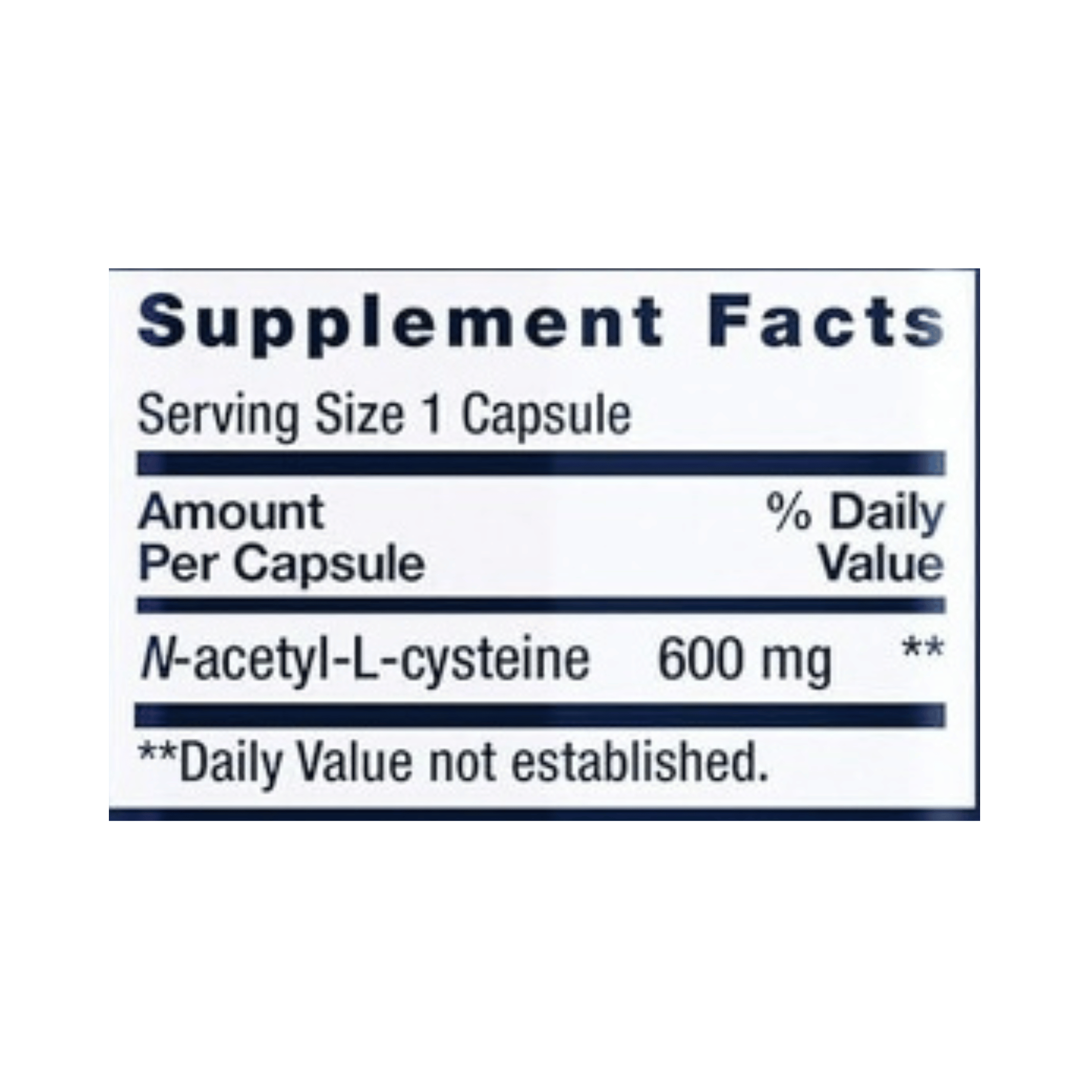 Life Extension, N-Acetyl-L-Cysteine (NAC) supplement facts label showing ingredients, vitamins, minerals, and serving information