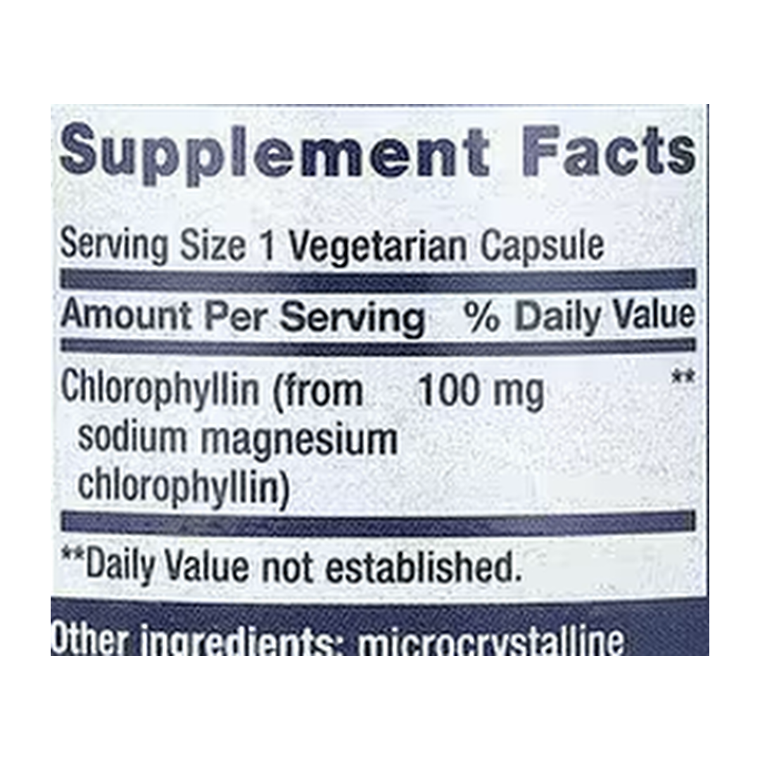Life Extension, Chlorophyllin, 100 mg, 100 Vegetarian Capsules supplement facts label showing ingredients, vitamins, minerals, and serving information