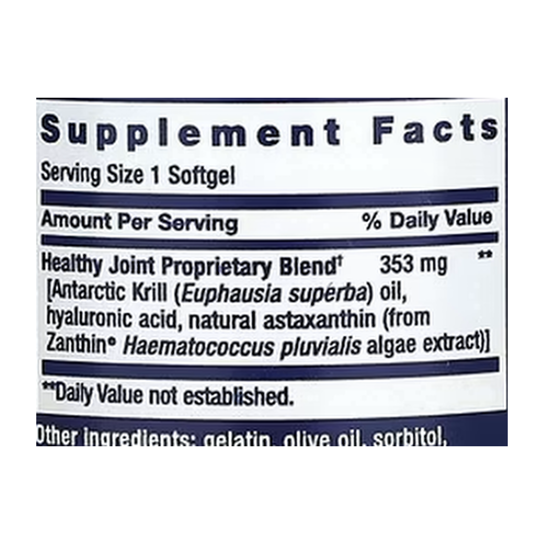 Life Extension, Krill Healthy Joint Formula, 30 Softgels supplement facts label showing ingredients, vitamins, minerals, and serving information