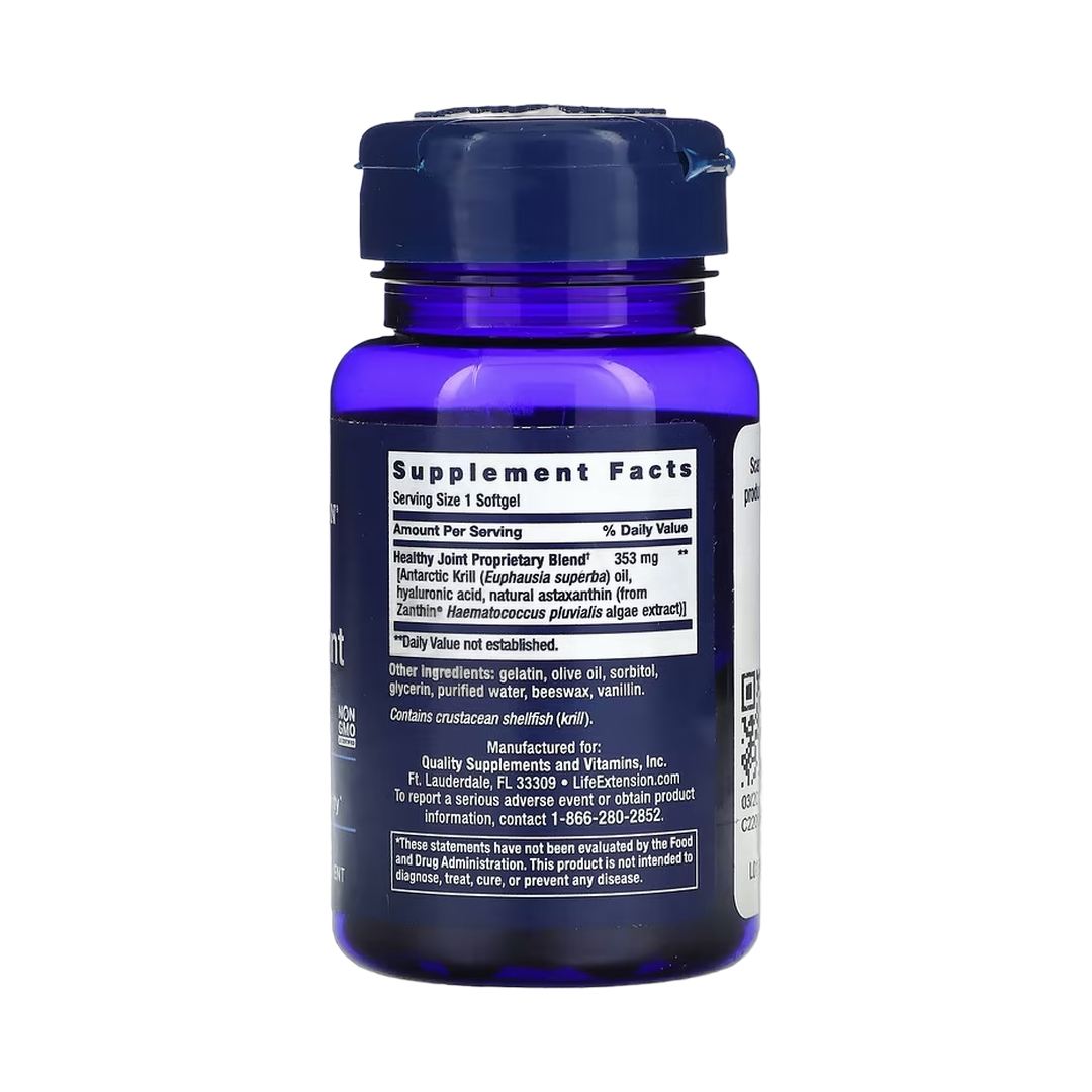Life Extension, Krill Healthy Joint Formula, 30 Softgels back packaging view