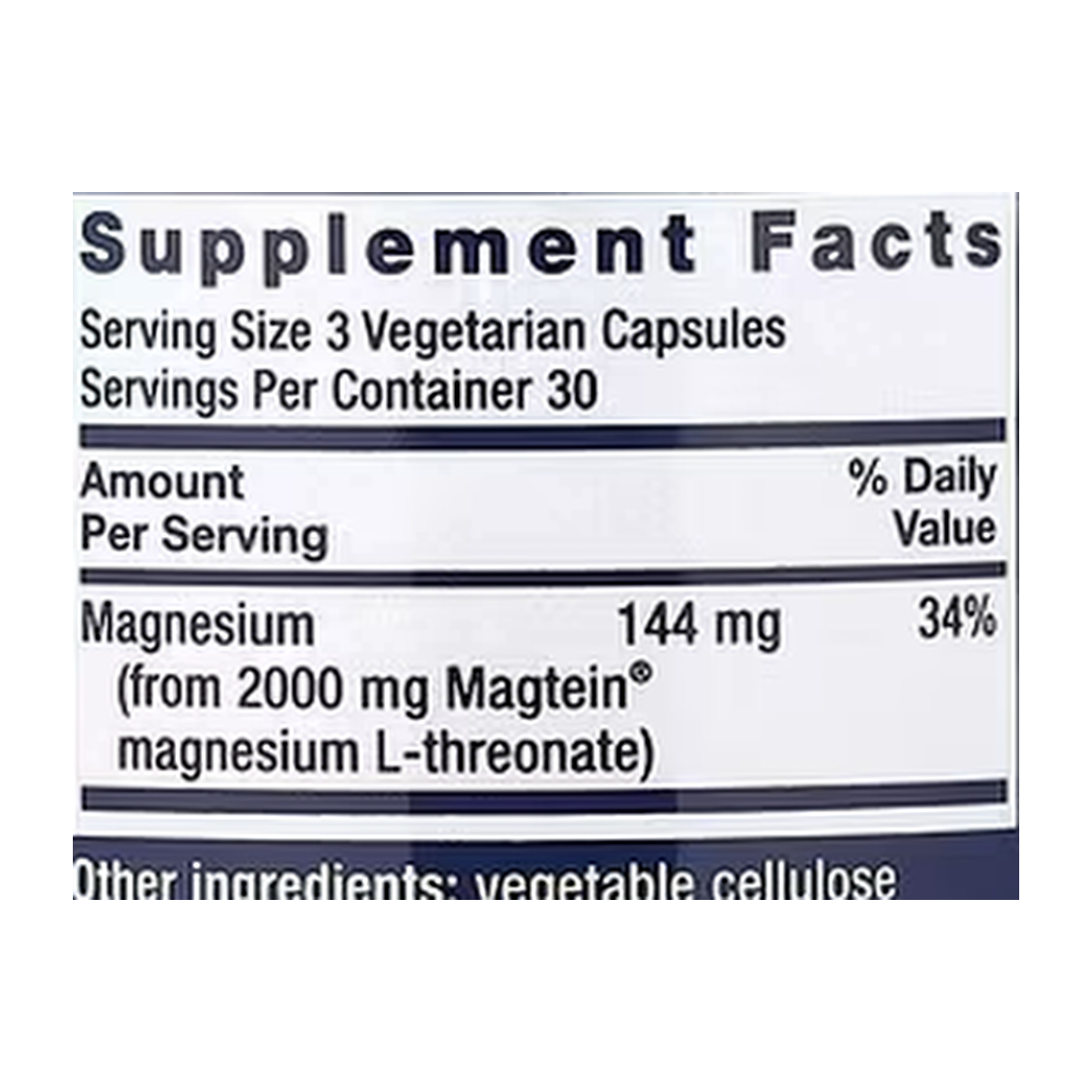Life Extension, Neuro-Mag®, Magnesium L-Threonate, 90 Vegetarian Capsules supplement facts label showing ingredients, vitamins, minerals, and serving information