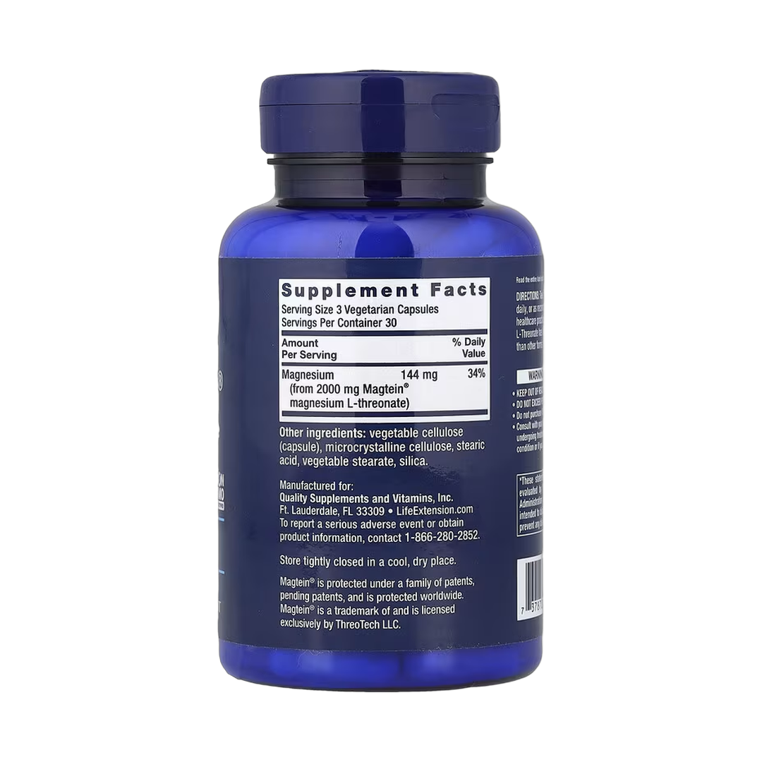 Life Extension, Neuro-Mag, Magnesium L-Threonate, 90 Vegetarian Capsules back packaging view