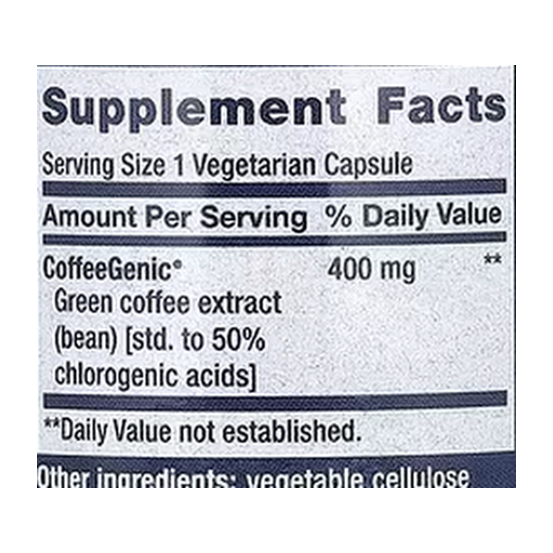 Life Extension, CoffeeGenic, Green Coffee Extract, 400 mg, 90 Vegetarian Capsules supplement facts label showing ingredients, vitamins, minerals, and serving information