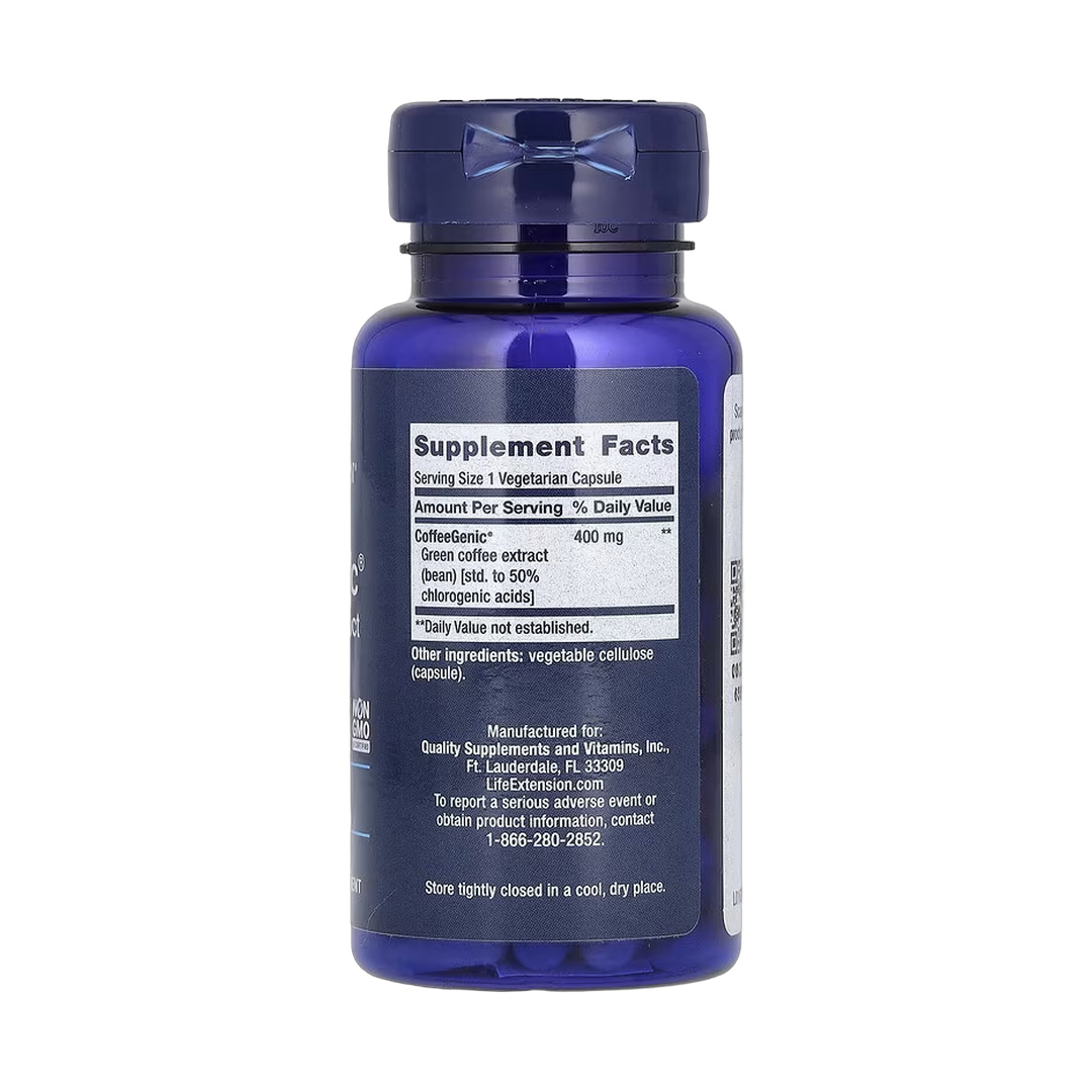 Life Extension, CoffeeGenic, Green Coffee Extract, 400 mg, 90 Vegetarian Capsules back packaging view