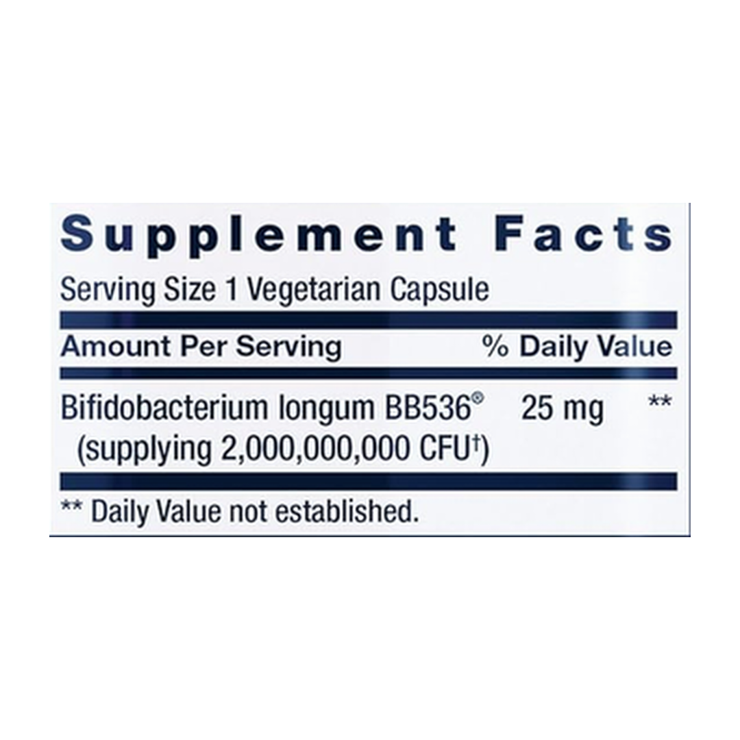 Life Extention, Bifido GI Balance, 60 vegetarian Capsules supplement facts label showing ingredients, vitamins, minerals, and serving information