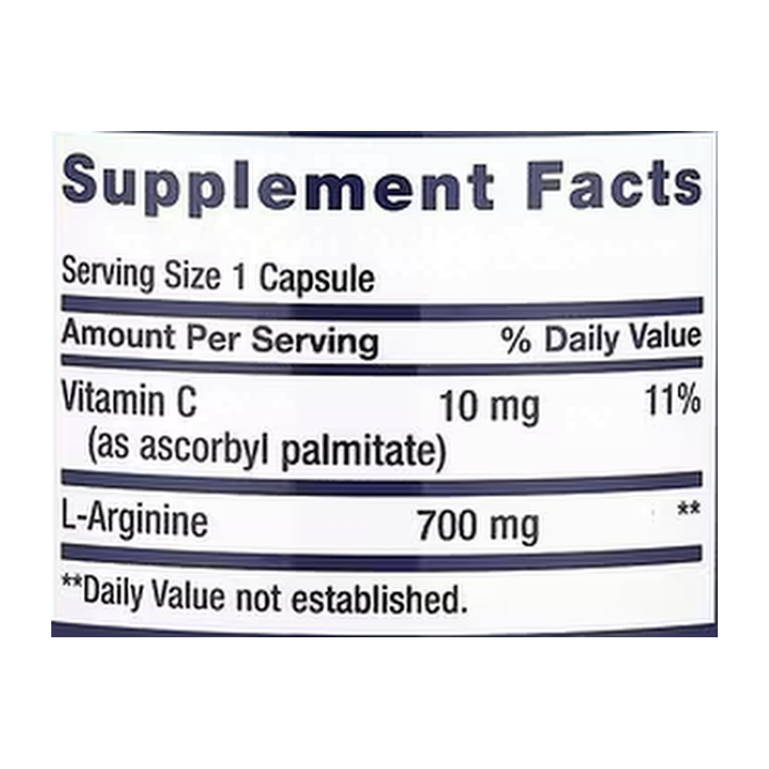 Life Extension, L-Arginine Caps, 700 mg, 200 Capsules supplement facts label showing ingredients, vitamins, minerals, and serving information