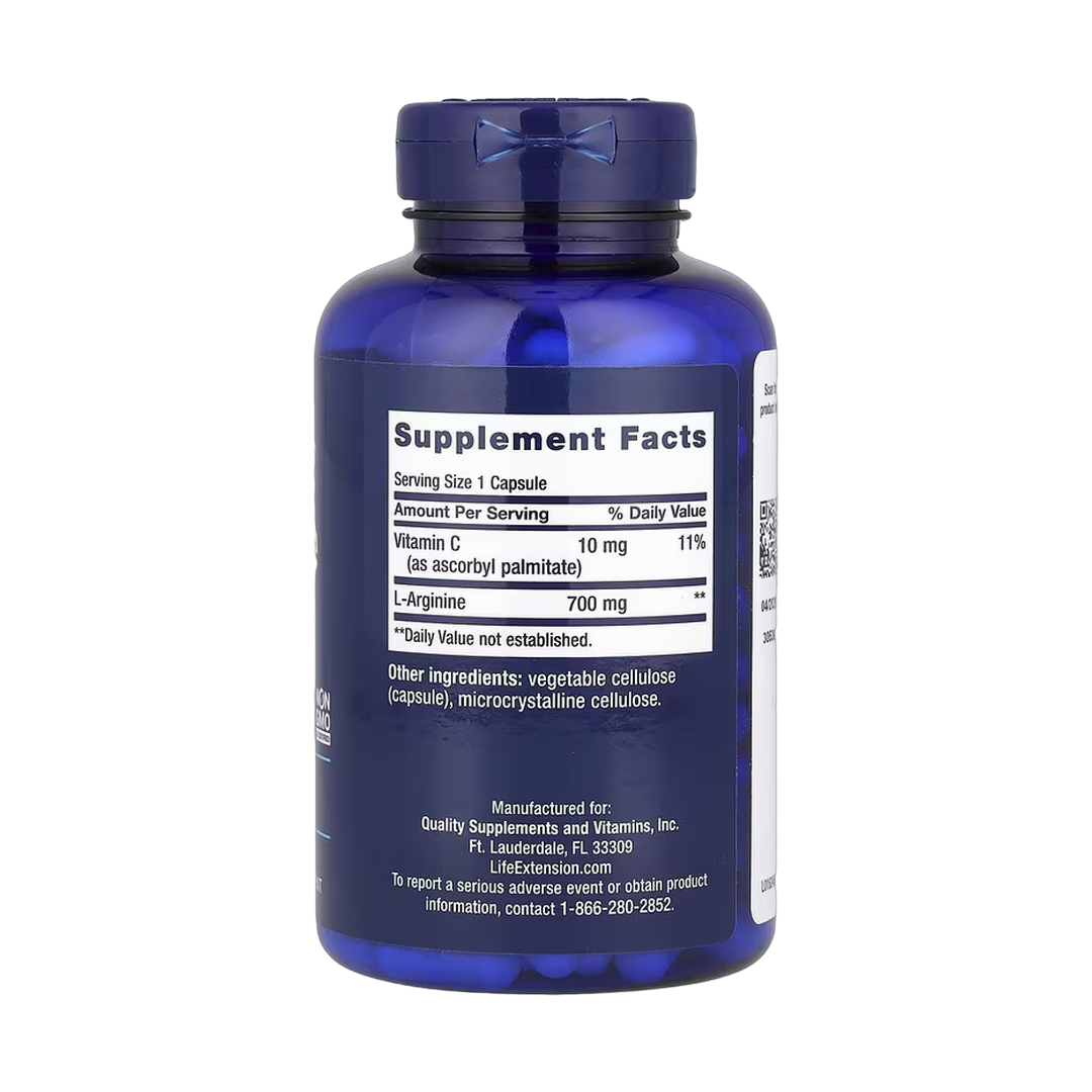 Life Extension, L-Arginine Caps, 700 mg, 200 Capsules back packaging view