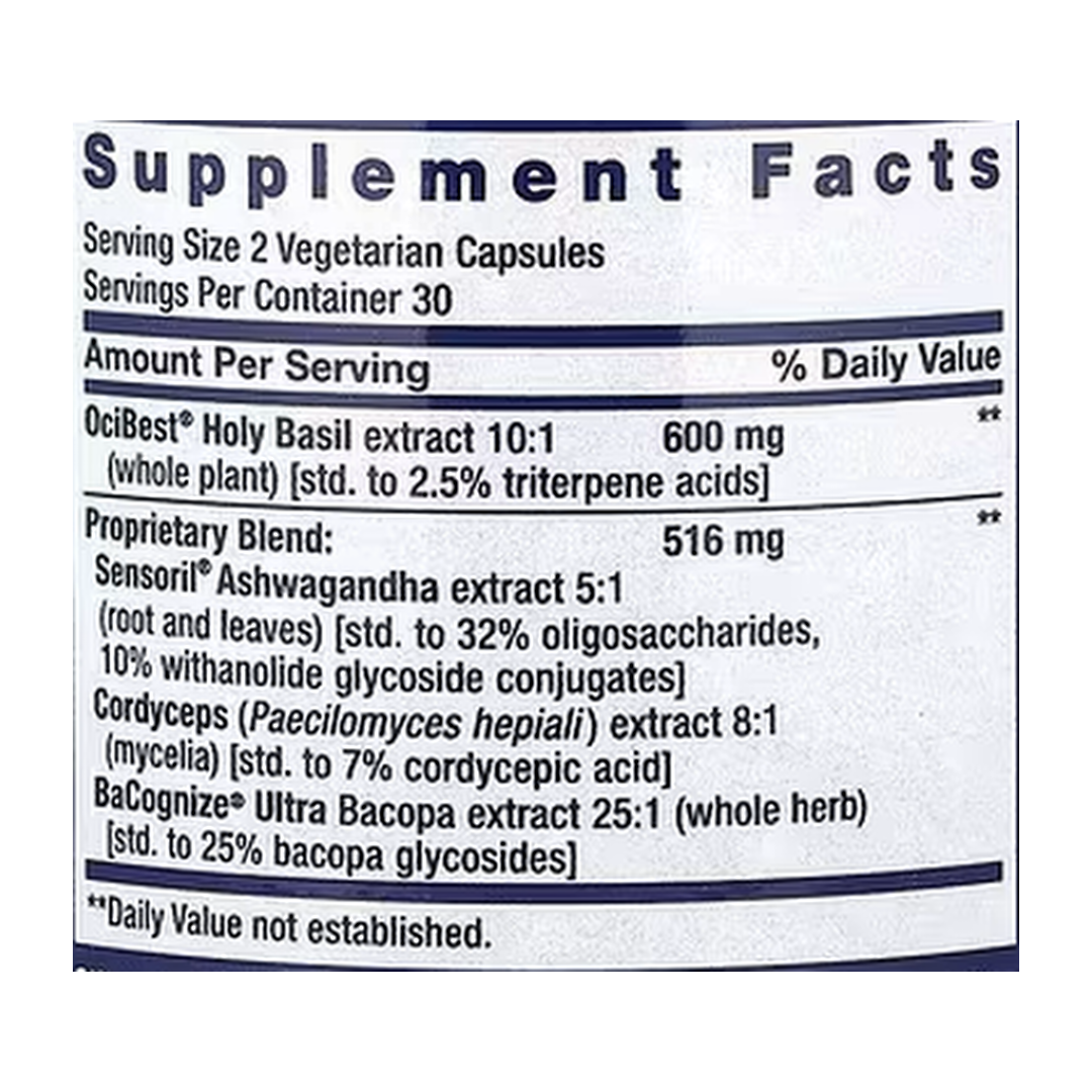 Life Extension, Adrenal Energy Formula, 60 Vegetarian Capsules supplement facts label showing ingredients, vitamins, minerals, and serving information