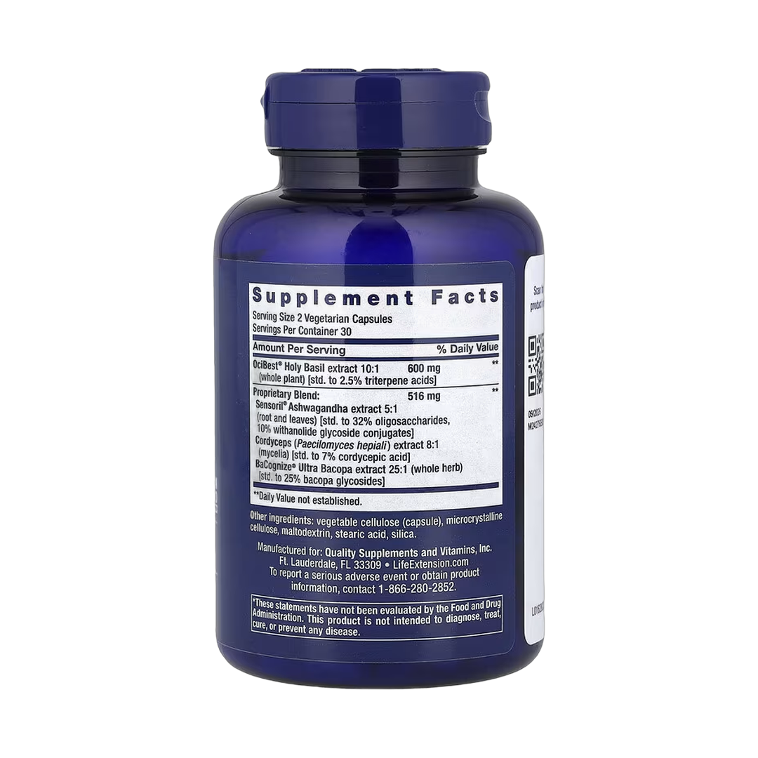 Life Extension, Adrenal Energy Formula, 60 Vegetarian Capsules back packaging view