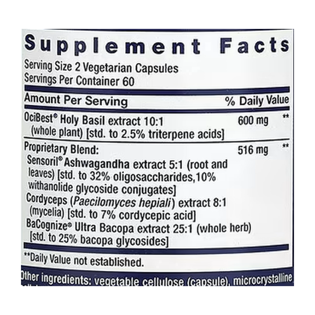 Life Extension, Adrenal Energy Formula, 120 Vegetarian Capsules supplement facts label showing ingredients, vitamins, minerals, and serving information