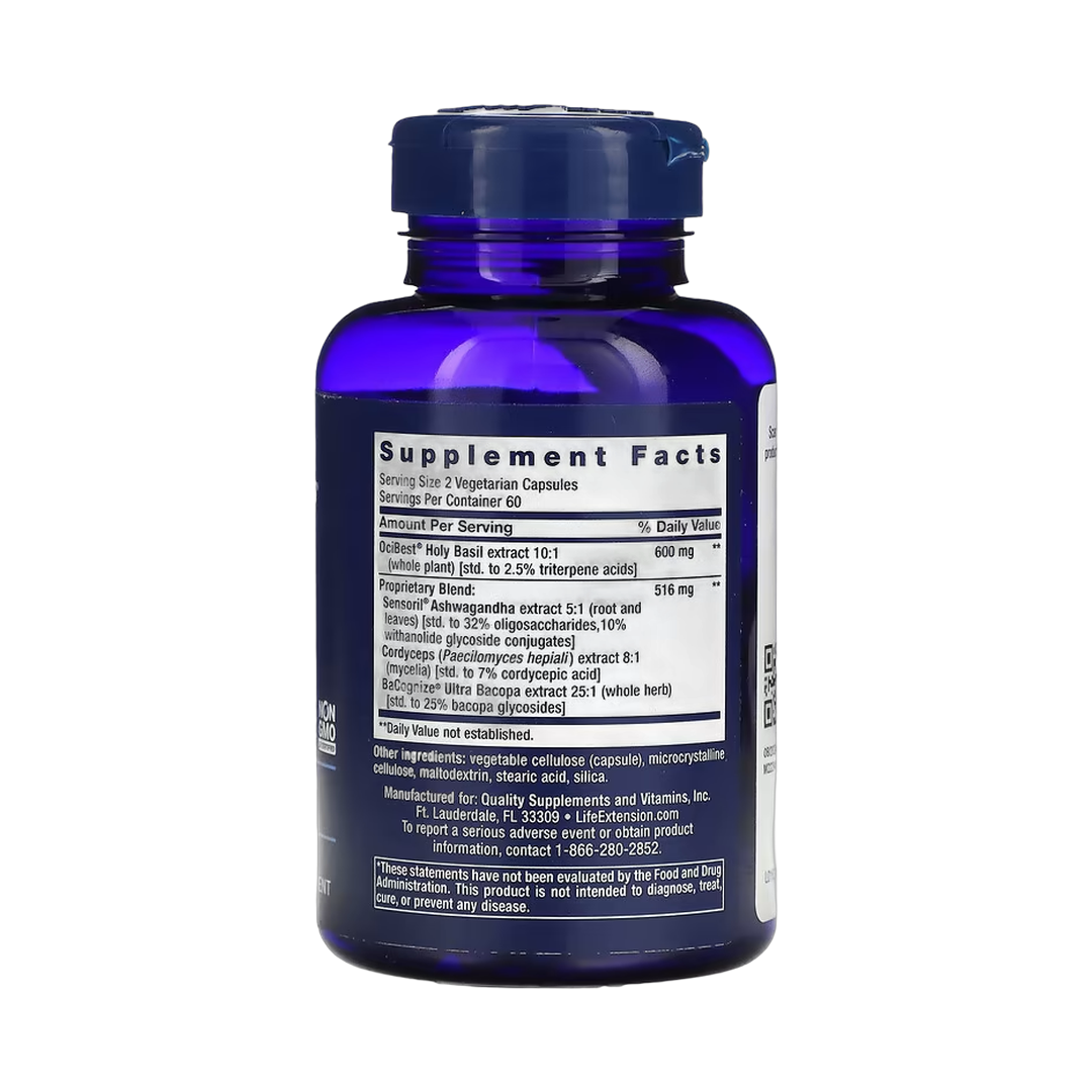 Life Extension, Adrenal Energy Formula, 120 Vegetarian Capsules back packaging view