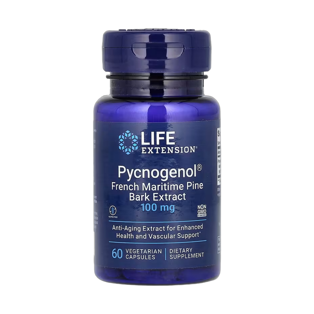 Life Extension, Pycnogenol, French Maritime Pine Bark Extract, 100 mg, 60 Vegetarian Capsules front packaging view