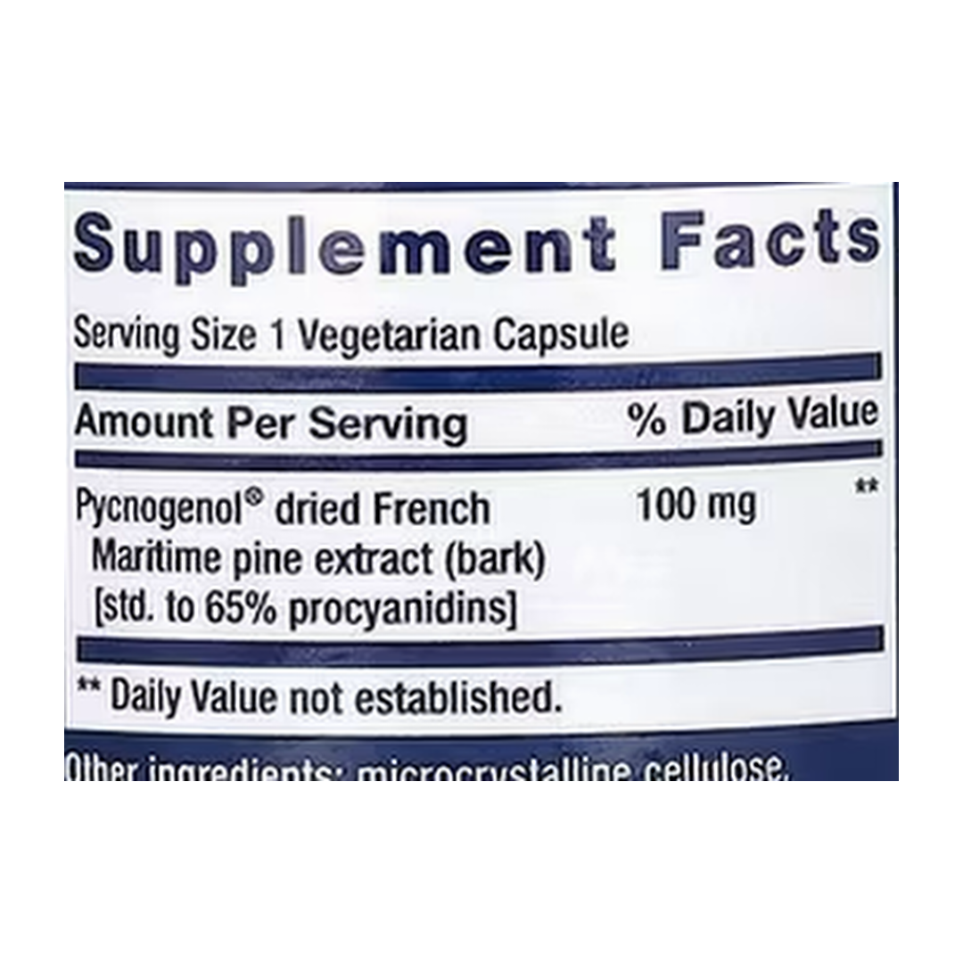 Life Extension, Pycnogenol, French Maritime Pine Bark Extract, 100 mg, 60 Vegetarian Capsules supplement facts label showing ingredients, vitamins, minerals, and serving information