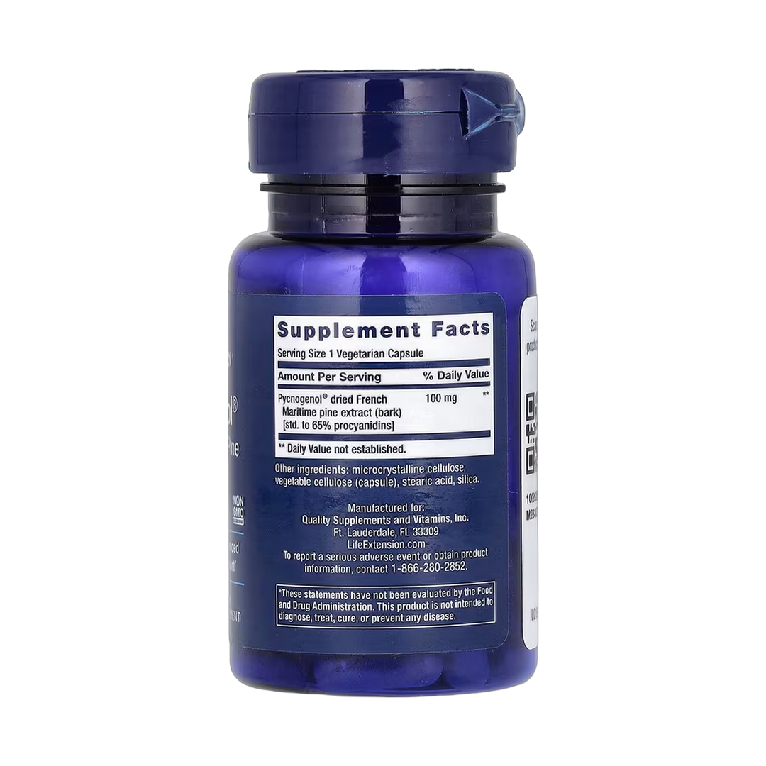 Life Extension, Pycnogenol, French Maritime Pine Bark Extract, 100 mg, 60 Vegetarian Capsules back packaging view