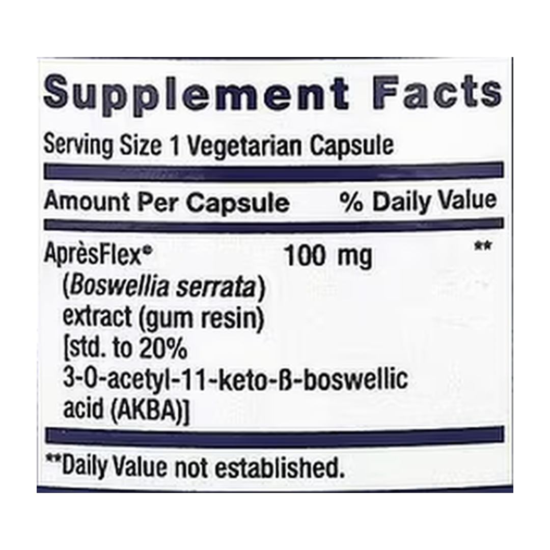 Life Extension, 5-LOX Inhibitor with ApresFlex®, 100 mg, 60 Vegetarian Capsules supplement facts label showing ingredients, vitamins, minerals, and serving information