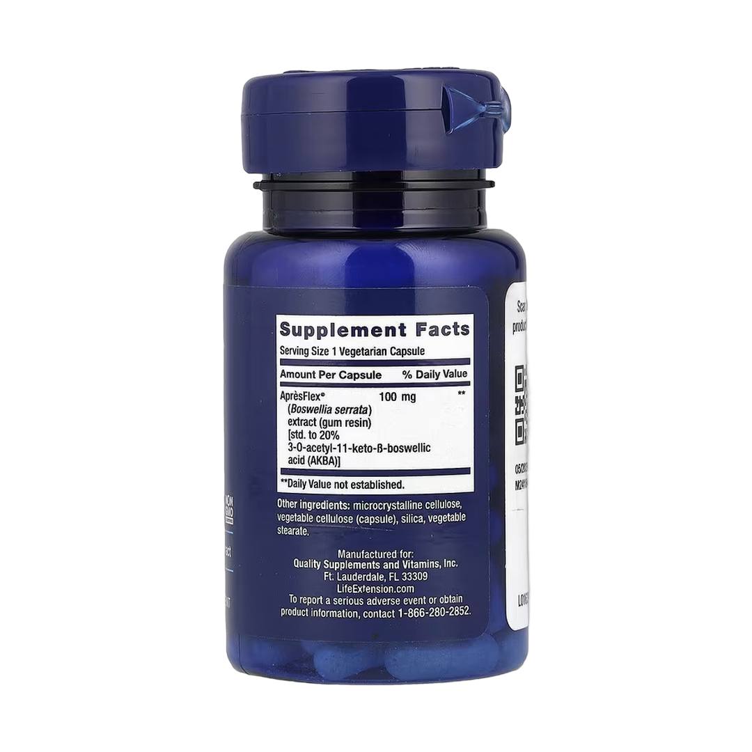 Life Extension, 5-LOX Inhibitor with ApresFlex, 100 mg, 60 Vegetarian Capsules back packaging view
