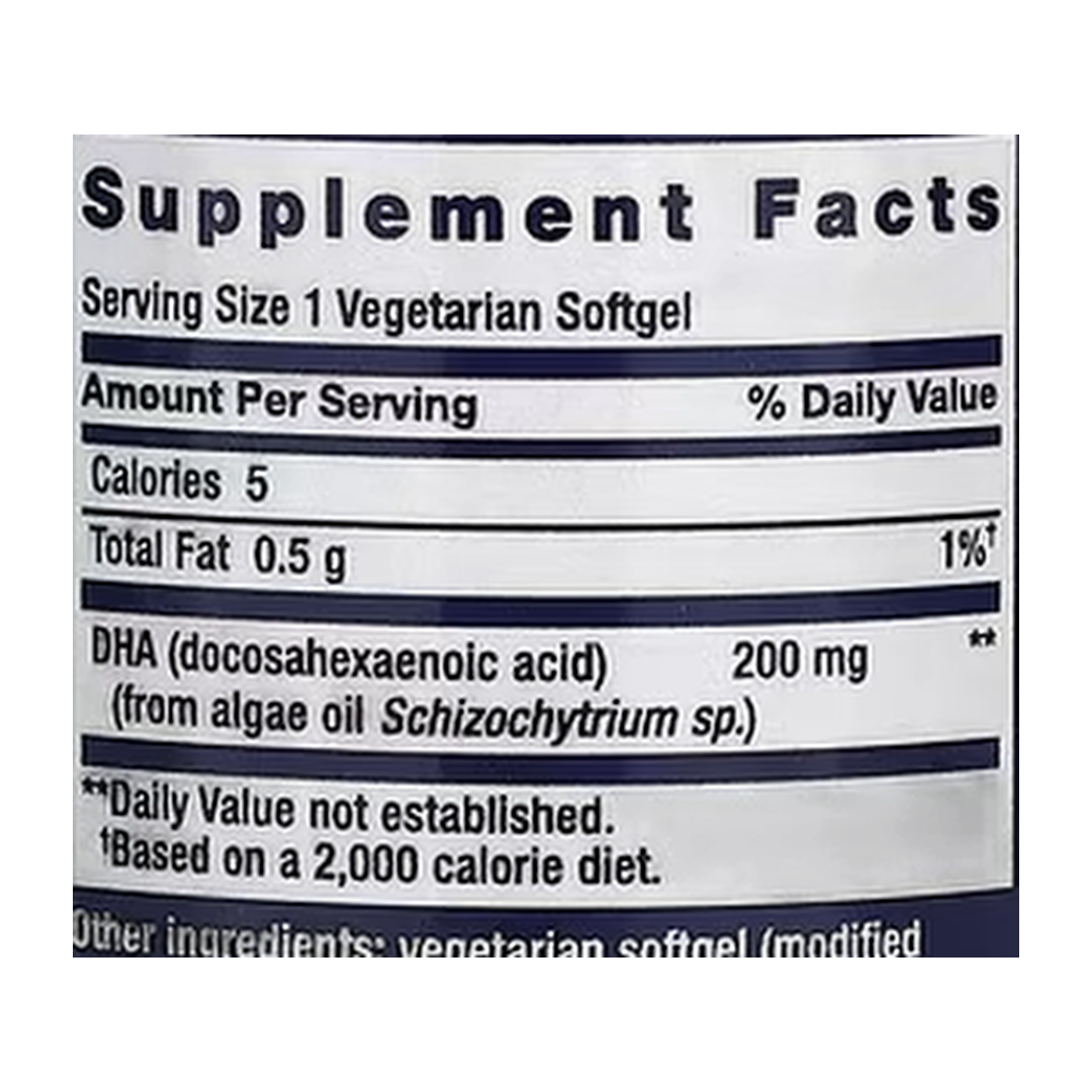 Life Extension, Vegetarian DHA, 30 Vegetarian Softgels supplement facts label showing ingredients, vitamins, minerals, and serving information