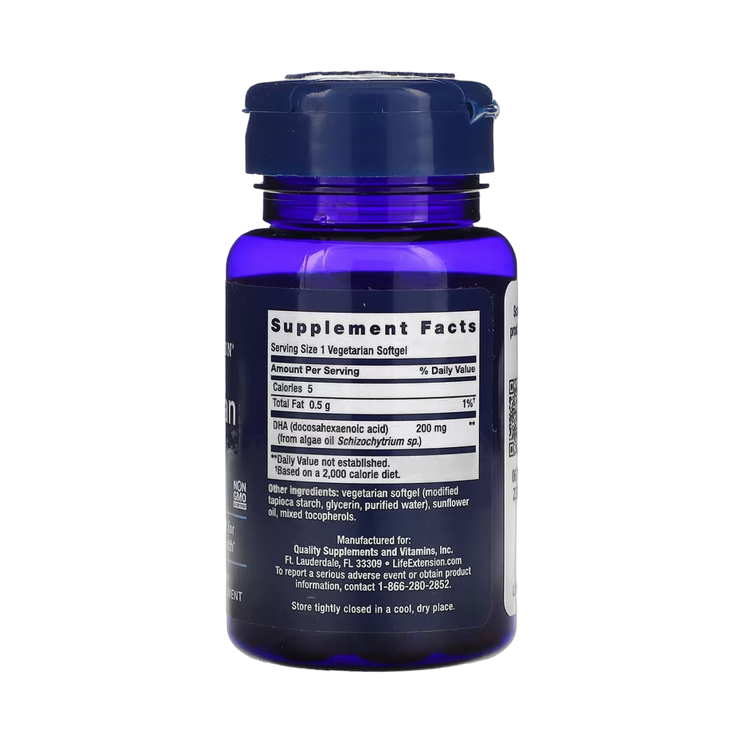 Life Extension, Vegetarian DHA, 30 Vegetarian Softgels back packaging view
